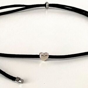 Silver Heart Charm Black Cord Choker